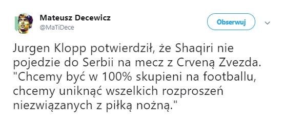 DLATEGO Shaqiri nie jedzie na mecz LM z Crveną!